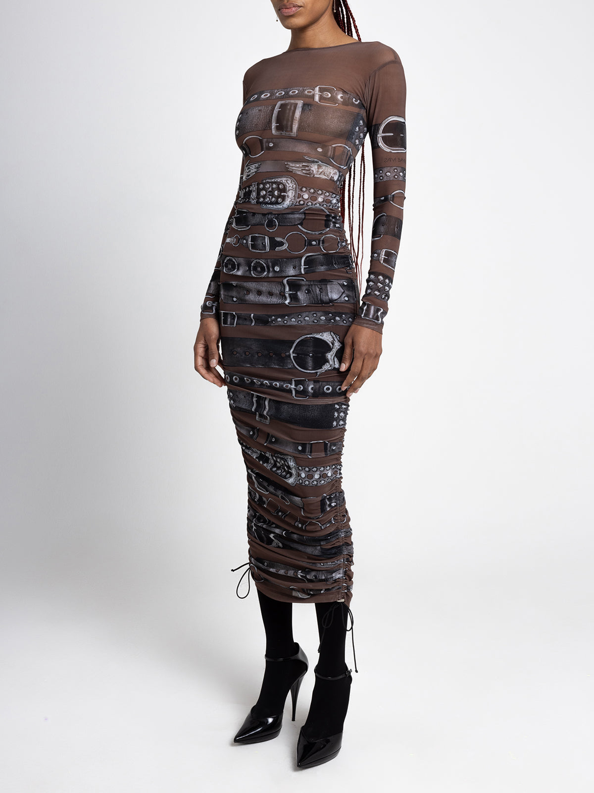Mesh Belt Dress - Brown